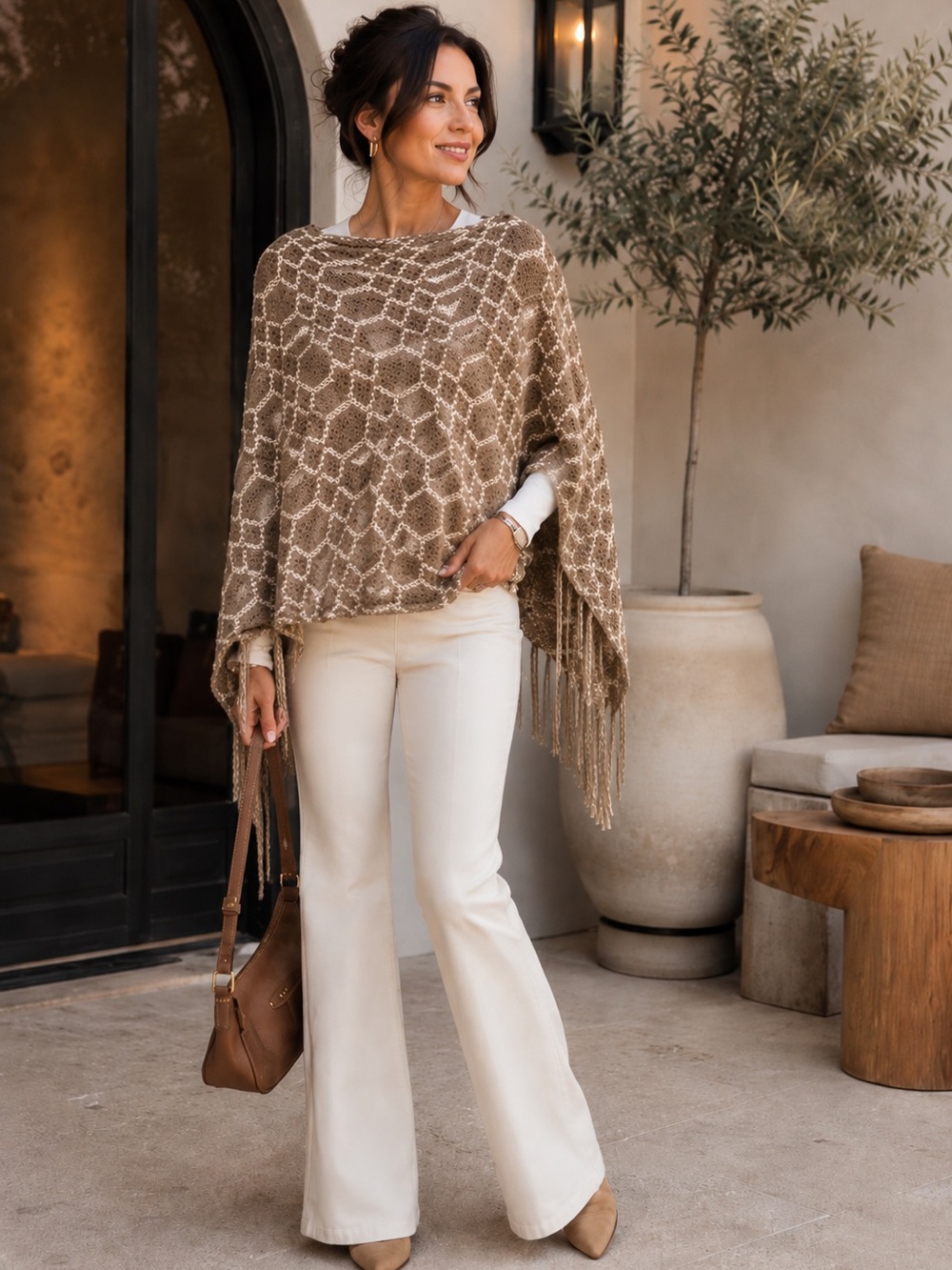 Brown and Cream Geometric Knit Poncho